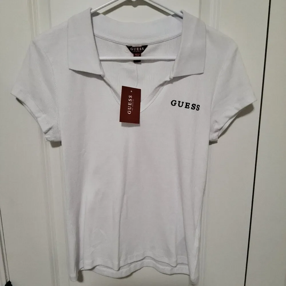 Guess Women's Ribbed V-Neck Logo Polo Shirt White Size X-Large New w/ Tags